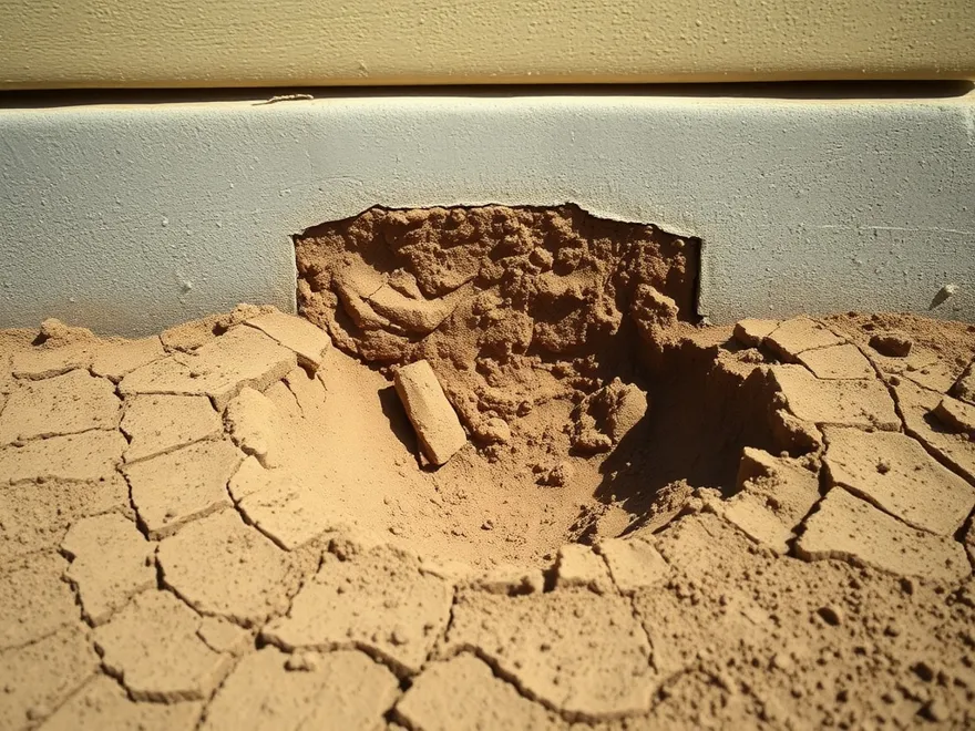 Dry cracked clay soil pulling away from a concrete footing